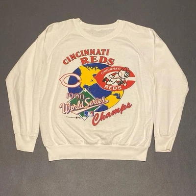Cool Vintage White and Red Men’s 1990 Cincinnati Reds World Series Crewneck - Image 1 of 4