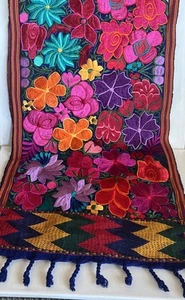 MEXICAN HAND MADE TABLE Or BED RUNNER Topper SILK EMBROIDERY Vibrant Florals 8ft - Picture 1 of 5