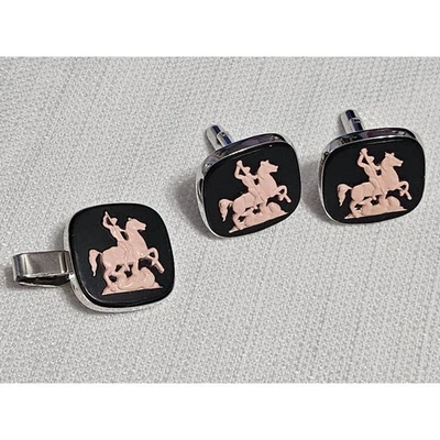 Gemelos Cameo St George Dragon tono plata negro rosa espalda giratoria mitológica Foto 1 de 4