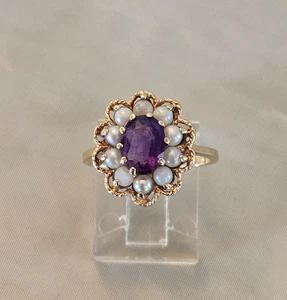 VINTAGE DAMEN RING 14KT GELBGOLD AMETHYST & ZUCHTPERLEN - Bild 1 von 4