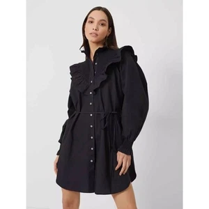 French Connection Cotton Preppy Poplin Smock-Neck Black Ruffle Dress 10 NWOT - Picture 1 of 6