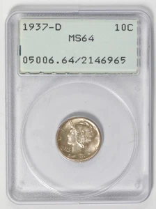 1937 D Mercury Dime PCGS MS 64 Old Rattler Holder - Picture 1 of 4