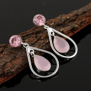Rose Quartz Gemstone Handmade Dangle Drop Erring's.925 Sterling Silver Earring' - Picture 1 of 3
