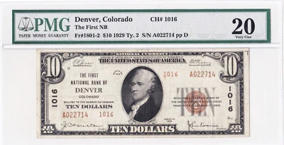 $10 1929 T2 National DENVER Colorado CO 🇺🇸 Very Fine! PMG 20! 🇺🇸 - Image 1 of 2