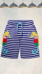 Ex Mini Boden Jersey Applique Shorts in Blue Wave/Ivory Seahorse - Picture 1 of 2