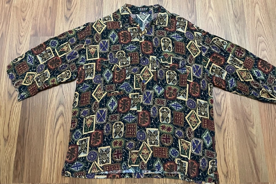 Guess Shirt Mens Medium 90s Abstract Art Print Woven Made USA - Image 1 of 4