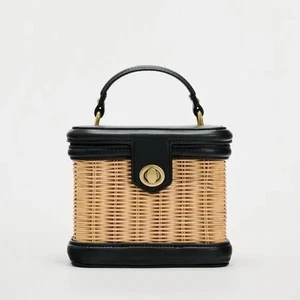 ZARA Contrast Weave Rattan Basket Bag Handbag - Picture 1 of 16