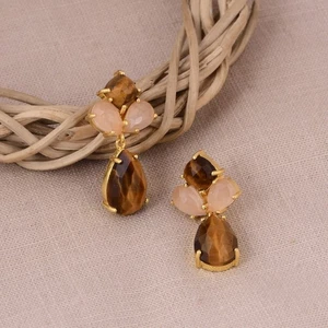 Double Birthstone Earrings Gold Plated Tiger Eye & Chalcedony Healing Jewelry - Picture 1 of 12