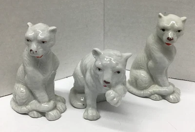 MCM Vintage White Ceramic Tiger Figurines Set of 3 Made in Taiwan - Image 1 of 4