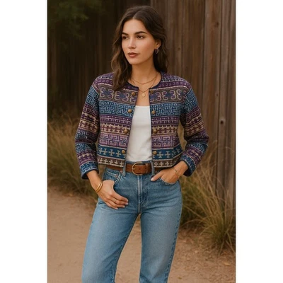 Jaqueta geométrica tecida vintage The J. Peterman Co. roxa pequena algodão colorida - Imagem 1 de 4