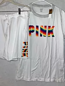 Victoria Secret PINK T-shirt shorts matching Set Lot sz S NEW 2 pc rainbow white - Picture 1 of 12