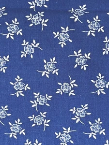 vtg. Cotton calico Fabric Quilt Sew 70s Blue White Floral 44x58in Bright Summer - Picture 1 of 5