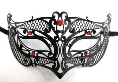 Male Small Black Red Laser Cut Venetian Masquerade Metal Filigree Mask Men Boys - Image 1 of 3