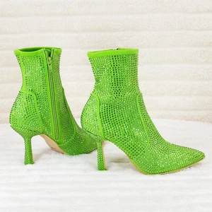 Stunning Green Stretch Rhinestone Ankle Boots 3.5" Heels New - Picture 1 of 14
