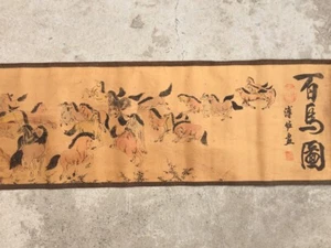 Collect Old Decor art Chinese Scroll Painting hundred horse figure mural 百马图 - Foto 1 di 8