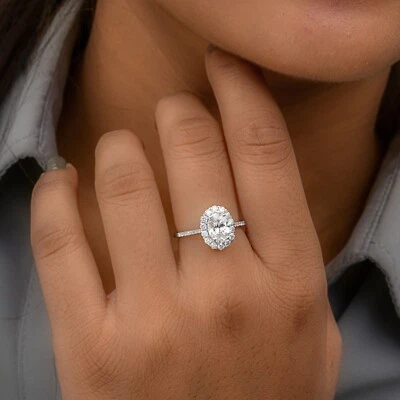 1.52 Ct Oval Lab Grown Diamond Halo Engagement Ring 10k White Gold for Women - Image 1 of 4