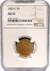 1853-C Liberty $5 Half Eagle Gold Coin NGC AU-53 Scarce Charlotte Coin! - Picture 1 of 6