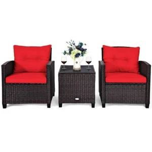 Costway Patio Conversation Set Polyester Seats 2 People w/ Red Cushion (3-Piece) - Picture 1 of 8