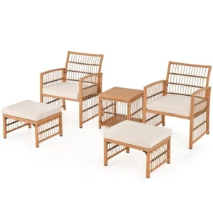 5 Pcs Rattan Garden Chair Set 2 Ottoman w/ Seat Cushion 2 Tier Side Coffee Table - Picture 1 of 10