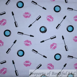 BonEful Fabric FQ Cotton Quilt White Pink Girl Make Up Lip Stick Eye Mascara Kid - Picture 1 of 14