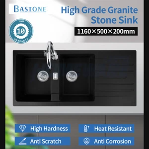 1160x500mm Black Granite Stone Double Bowls Kitchen Sink Topmount Basin Overflow - Picture 1 of 11