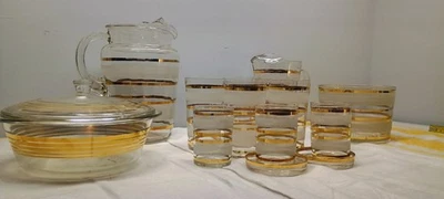 Juego de platos jarra de vidrio a rayas doradas vintage MCM banda dorada atómica Foto 1 de 4