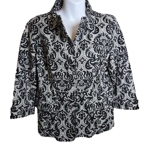 TALBOTS SCHWARZ & WEISS DAMAST BLUMENMUSTER JACKE BLAZER 10 PETITE OFFICE - Bild 1 von 12