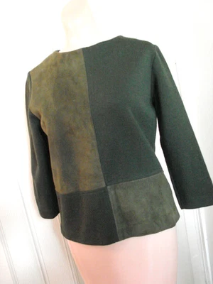 Vintage 60s MOD Wool Knit Leather Suede Top Zipper M Olive Green Foto 1 de 4