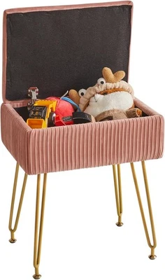 Pink Velvet Storage Ottoman Stool Square Bench Dressing Table Seat - Image 1 of 4