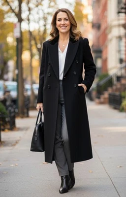 Abrigo largo completo vintage Lorovi 100 % lana negro ribete terciopelo para mujer talla grande Foto 1 de 4