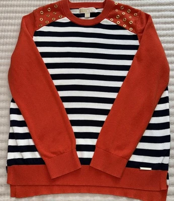 Свитер Michael Kors морской оранжевый сине-белый в полоску с золотыми люверсами большой  - Изображение 1 из 4