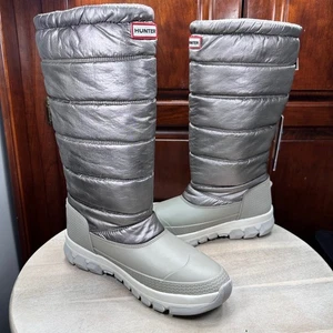 Hunter Women Metallic Snow Boot Size 10 Tall Winter Boots Silver Hail Grey New - Picture 1 of 18