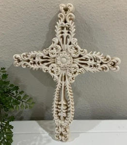 Vtg Roman Inc Resin White Ornate Floral Swirl Cross Wall Decor 8 1/2” H 6 1/4” W - Picture 1 of 5