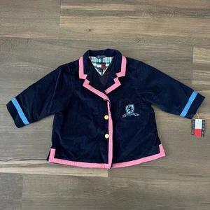 Vintage 90s Y2K NWT Tommy Hilfiger Navy Crushed Velvet Blazer Size 6-12 Months - Picture 1 of 10