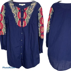 Anthropologie Hei Hei Embroidered Tunic Blue Red Size 8 Button Down Shirt - Picture 1 of 9