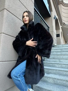 women real mink fur coat with belt dark brown BLACK color size M NEW!!! 1109793 - Picture 1 of 21