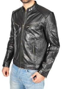 Mens Luxurious Black Leather Biker Jacket Quilted Designer Slim Fit Tailored Cut - Picture 1 of 8