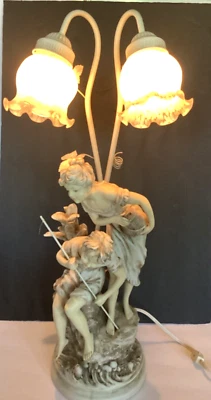 Vintage Table Lamp  French Resin  Fishing Children Girl Boy  26” - Image 1 of 4