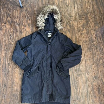 Parka Abercrombie & Fitch Mujer Grande Piel Capucha Abrigo Chaqueta Larga Negra Sin Forro Foto 1 de 4