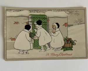 Vintage Mädchen Weihnachtsgeschenke und Schwein grüne Tür Haus Postkarte - Bild 1 von 4