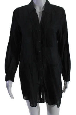 Vestido Joie para mujer de algodón plisado con cuello manga larga con botones negro talla S Foto 1 de 4