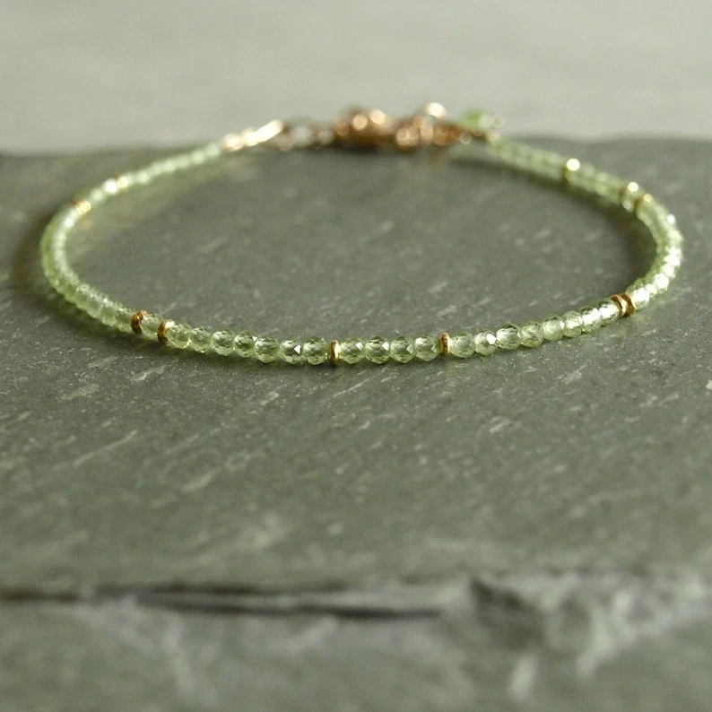 2-3MM A++ Dainty Peridot Faceted Round Gemstone Gold Filled Beads Bracelet 6-8'' - Image 1 of 4