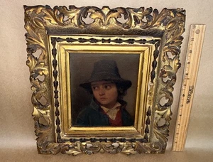 Antigua pintura al óleo sobre lienzo del siglo XIX retrato continental niño calle erizo - Imagen 1 de 24