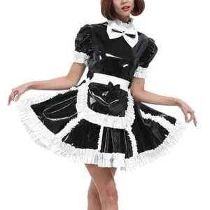 Puff Short-sleeve Lockable Lolita Maid Dress with Bow Apron Sissy PVC Maid Dress - Picture 1 of 24
