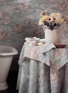 Vtg Martex Monet Lillies Round tablecloth 72” with square topper Bedroom EUC - Picture 1 of 5