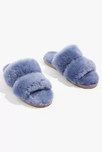 COUNTRY ROAD SHEARLING DOUBLE SLIDE SLIPPERS in Cerulean Blue RRP$99.95 39-40 - Picture 1 of 3