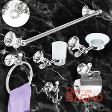 SET 6 PEZZI ACCESSORI DA BAGNO MODERNO ACCIAIO INOX CON CRISTALLI COMPLETO BAGNO
