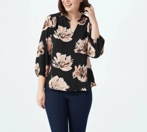 NWT Gibson Ruffle Neck Pleated Top Women's Floral Sz Medium Black/pink Floral - Picture 1 of 15