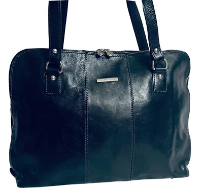 TUSCANY LEATHER SHOULDER TRAVEL HOBO TOTE HANDBAG  BLACK LEATHER SILVER ZIPPED - Image 1 of 4
