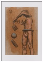 ORIGINAL NUDE MALE PORTRAIT GEOMETRIC  FIGURE 5x7 MIXED MEDIA OIL PAINTING  